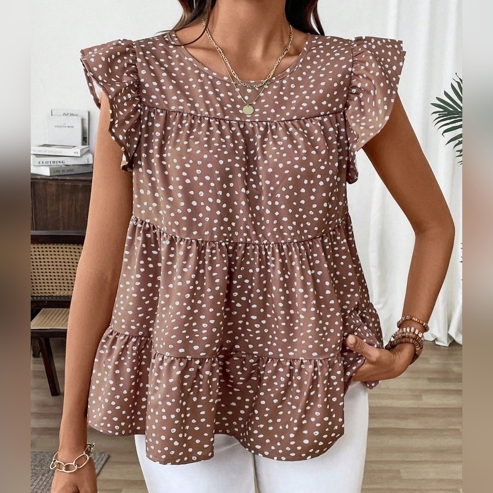Round Neck Pleated Floral Print Vacation Shirt With Flare Sleeves - Picture 3 of 5